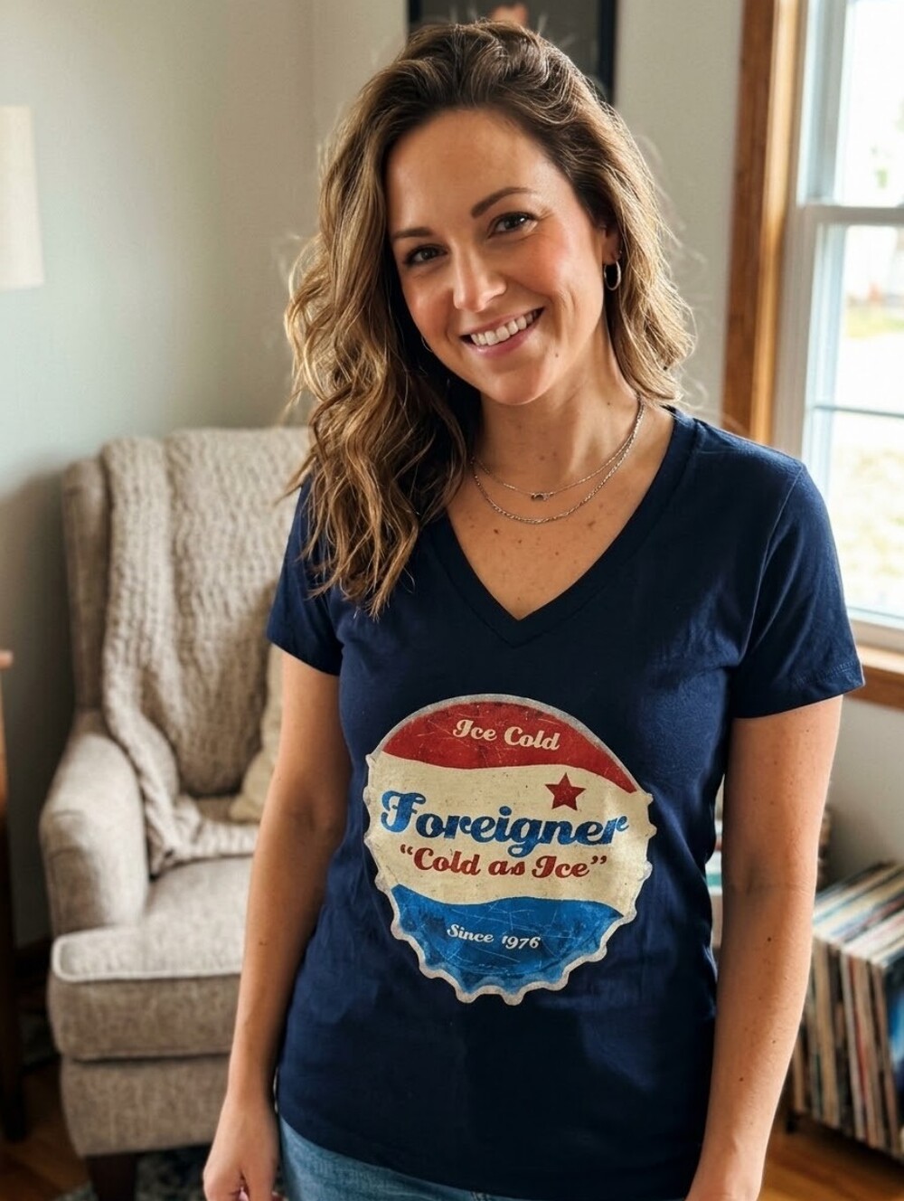 Foreigner "Cold As Ice" Vintage Bottle Cap Graphic Tee V-Neck Short Sleeve Med.